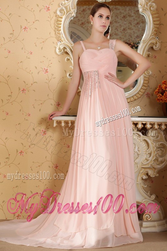 Straps Court Train Baby Pink Prom Bridesmaid Dresses Whit Ruche and Diamonds
