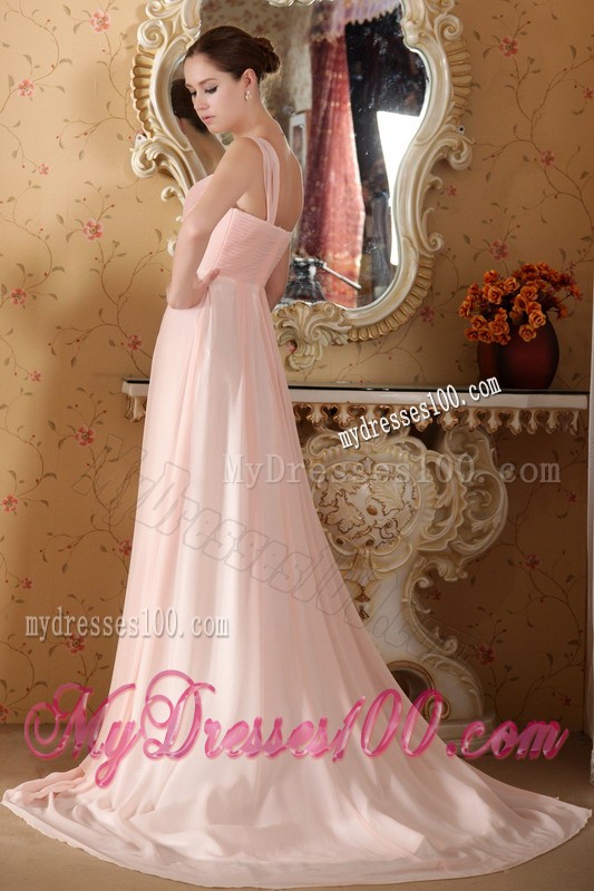 Straps Court Train Baby Pink Prom Bridesmaid Dresses Whit Ruche and Diamonds