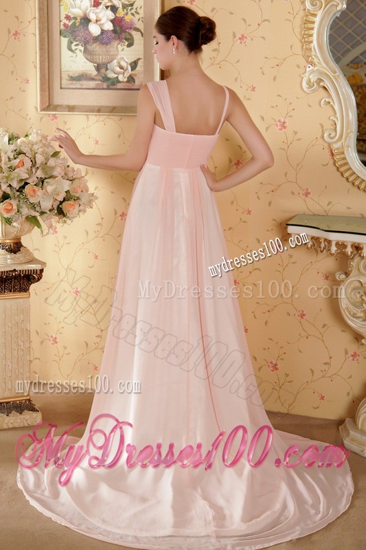 Straps Court Train Baby Pink Prom Bridesmaid Dresses Whit Ruche and Diamonds