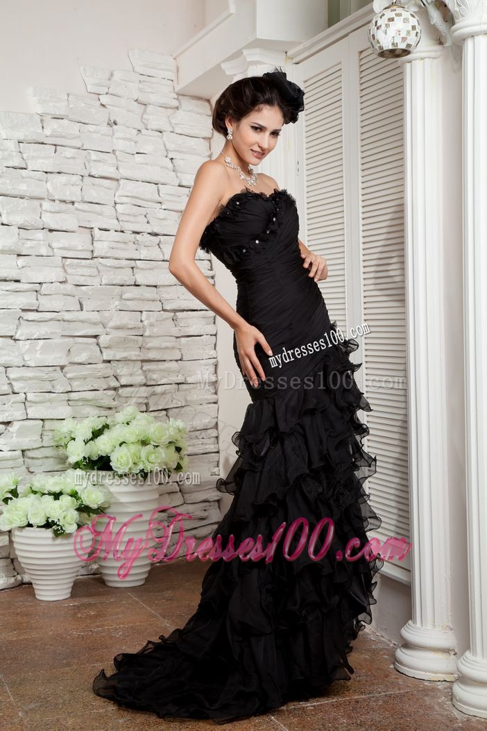Lovely Black Mermaid Ruched Sweep Train Prom Dress Discount