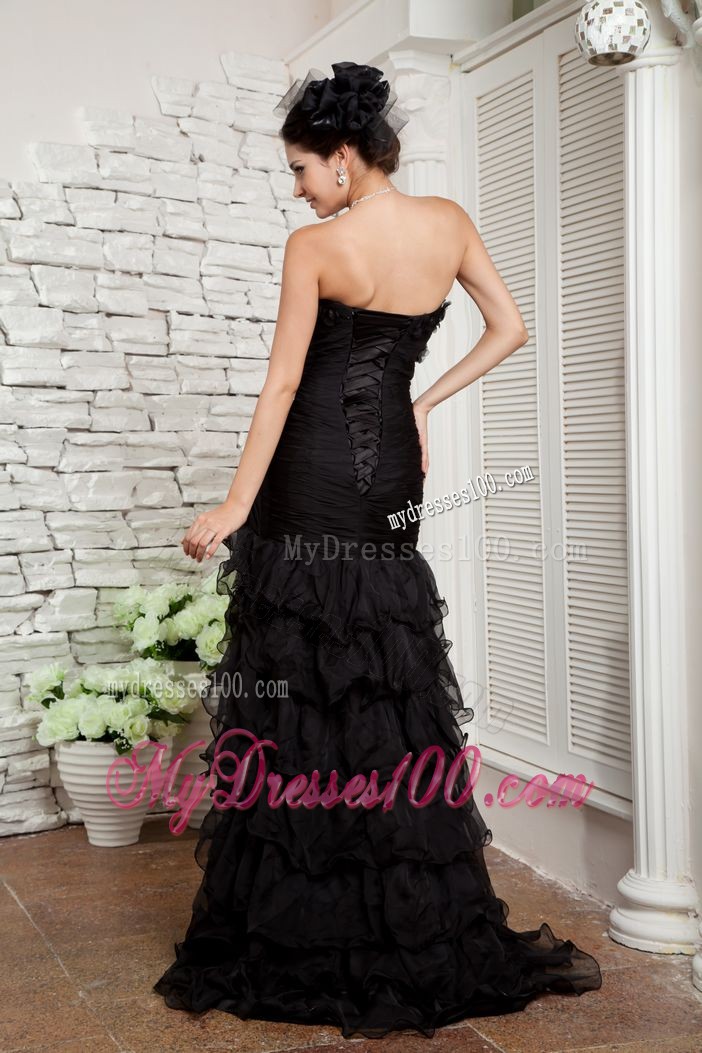Lovely Black Mermaid Ruched Sweep Train Prom Dress Discount