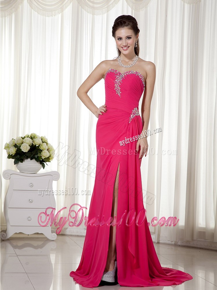Ruched Bodice for Beaded High Slit Fuchsia Prom Dress with Open Heart Back