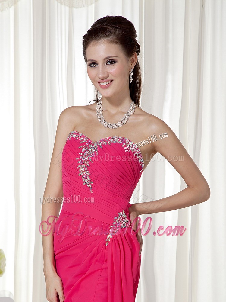 Ruched Bodice for Beaded High Slit Fuchsia Prom Dress with Open Heart Back