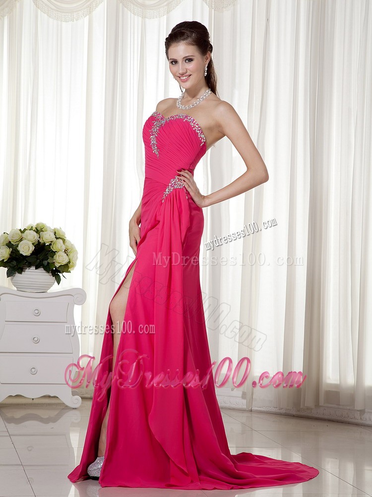 Ruched Bodice for Beaded High Slit Fuchsia Prom Dress with Open Heart Back