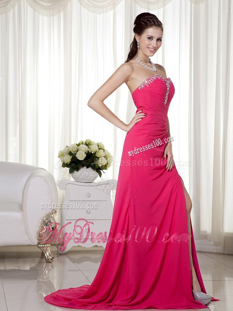 Ruched Bodice for Beaded High Slit Fuchsia Prom Dress with Open Heart Back