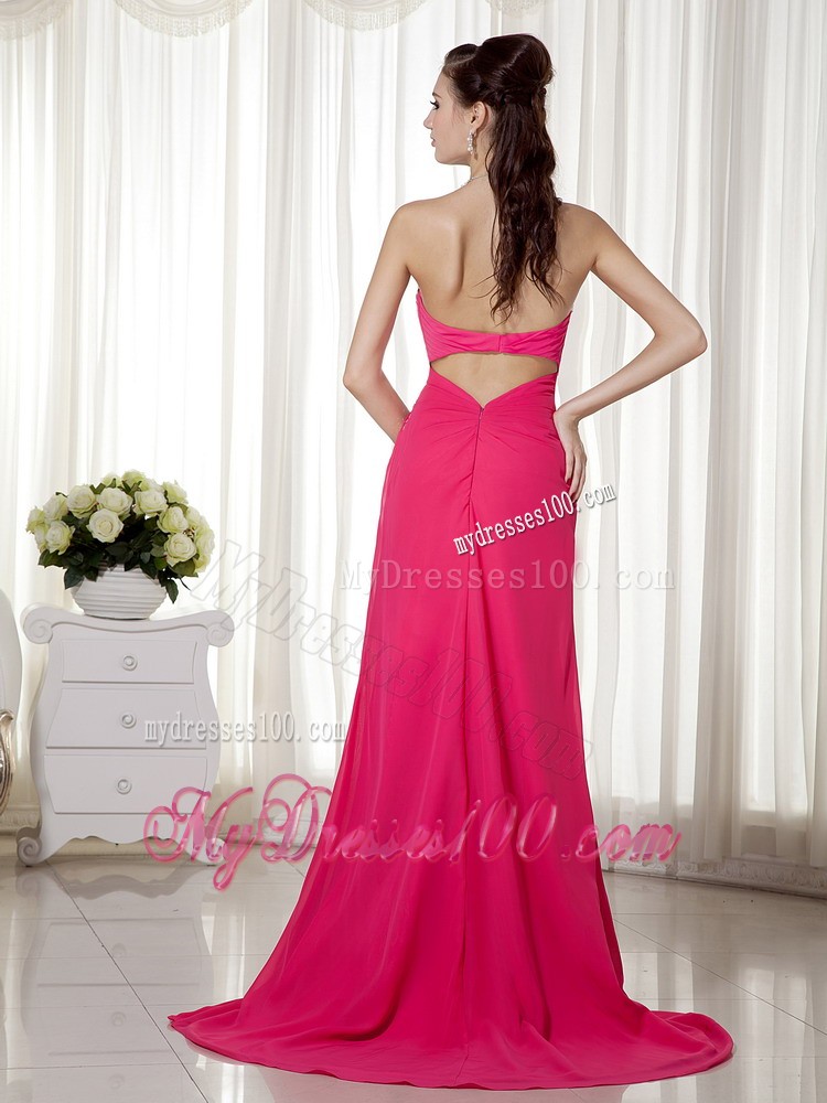 Ruched Bodice for Beaded High Slit Fuchsia Prom Dress with Open Heart Back