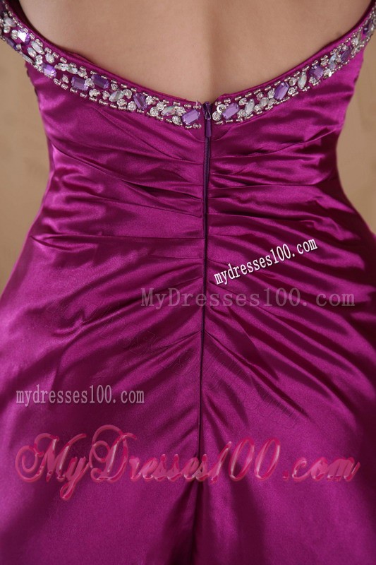 Rhinestones and Ruche Decorated Sheath for Fuchsia Court Train Prom Dresses