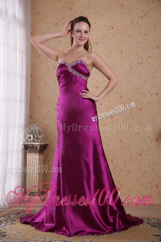 Rhinestones and Ruche Decorated Sheath for Fuchsia Court Train Prom Dresses