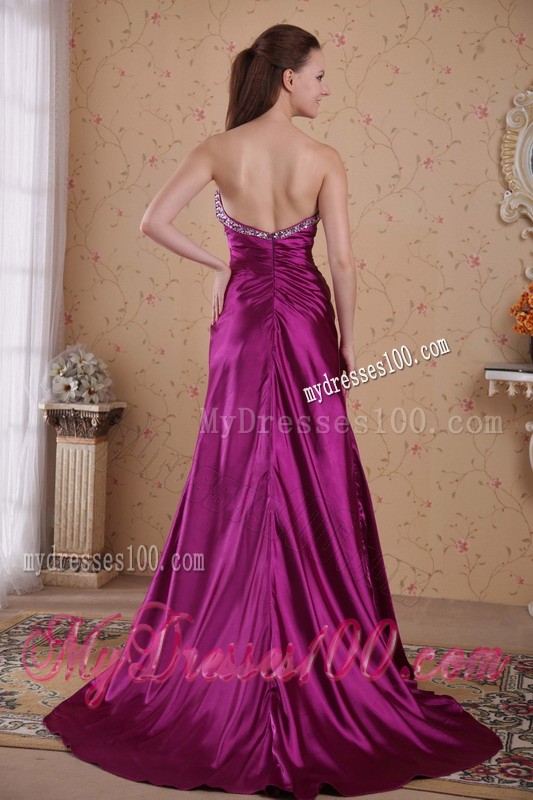 Rhinestones and Ruche Decorated Sheath for Fuchsia Court Train Prom Dresses