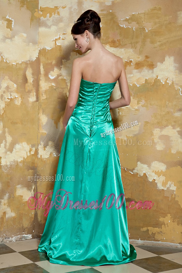 Green Asymmetrical Brush Train Lace-up Silk Prom Dresses