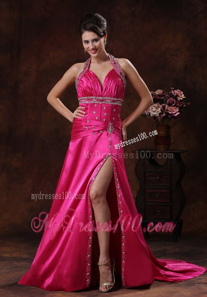 Hot Pink Halter Top Court Train Prom Dress with Rhinestones and High Slit