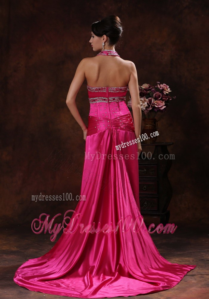 Hot Pink Halter Top Court Train Prom Dress with Rhinestones and High Slit