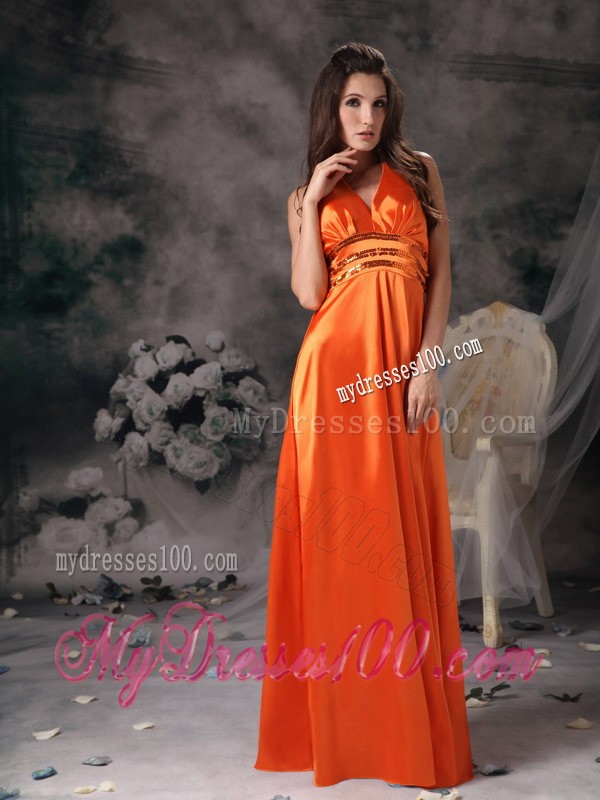 Simple Halter Top V-neck Paillettes Decorated Waist Prom Party Dress in Orange Red