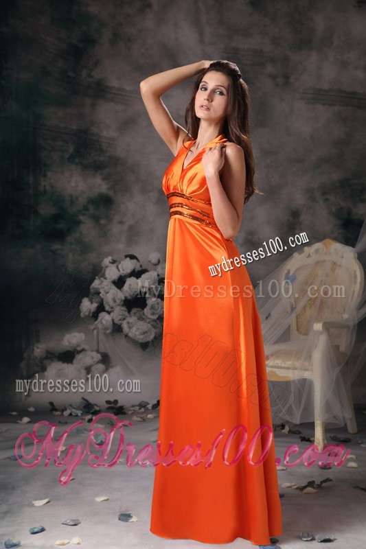 Simple Halter Top V-neck Paillettes Decorated Waist Prom Party Dress in Orange Red
