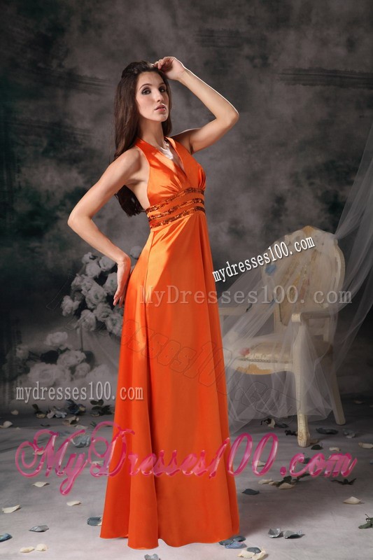 Simple Halter Top V-neck Paillettes Decorated Waist Prom Party Dress in Orange Red