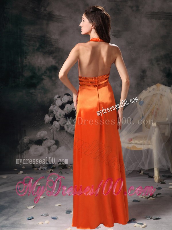 Simple Halter Top V-neck Paillettes Decorated Waist Prom Party Dress in Orange Red