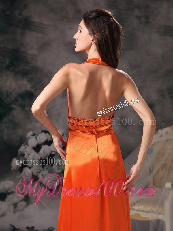 Simple Halter Top V-neck Paillettes Decorated Waist Prom Party Dress in Orange Red