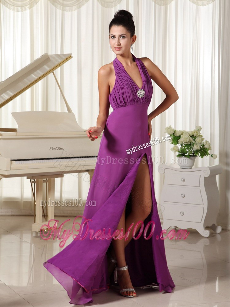 Halter Top Ruched Bodice Floor-length Prom Dress with High Slit in Bright Purple