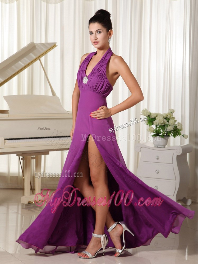 Halter Top Ruched Bodice Floor-length Prom Dress with High Slit in Bright Purple