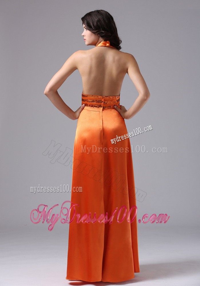 Halter Top V-neck Orange Red Prom Party Dress with Paillettes Decorated Waist