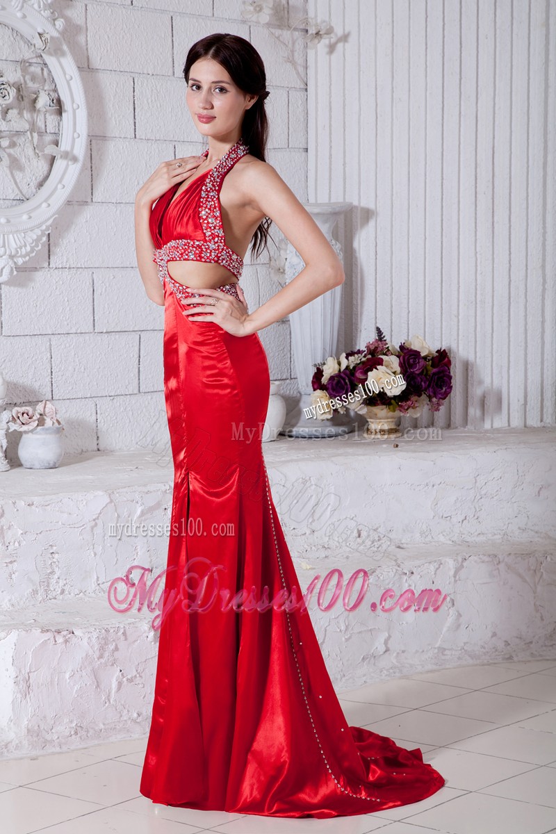 Red Halter Mermaid Brush Train Prom Evening Dress Wit Cutouts On Sides