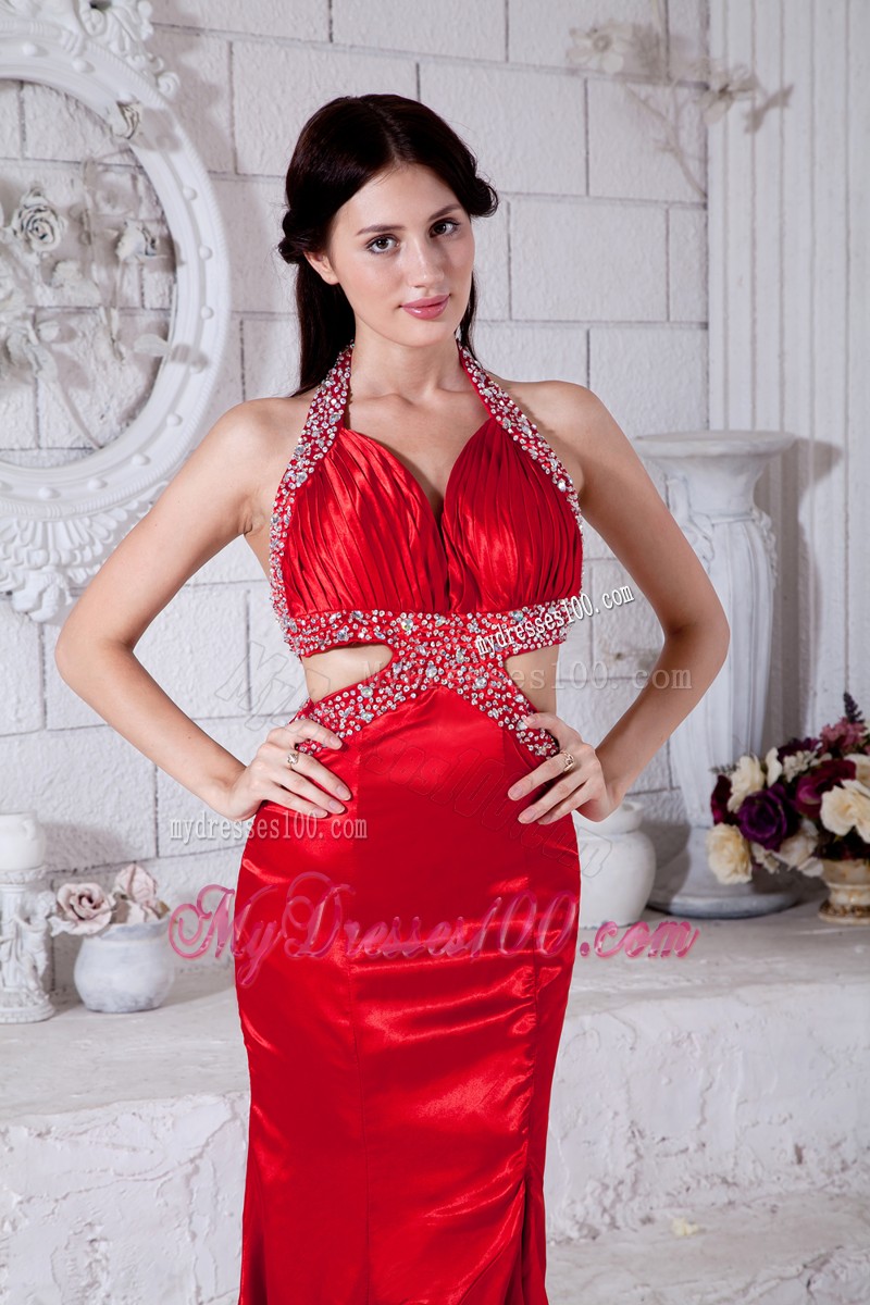 Red Halter Mermaid Brush Train Prom Evening Dress Wit Cutouts On Sides