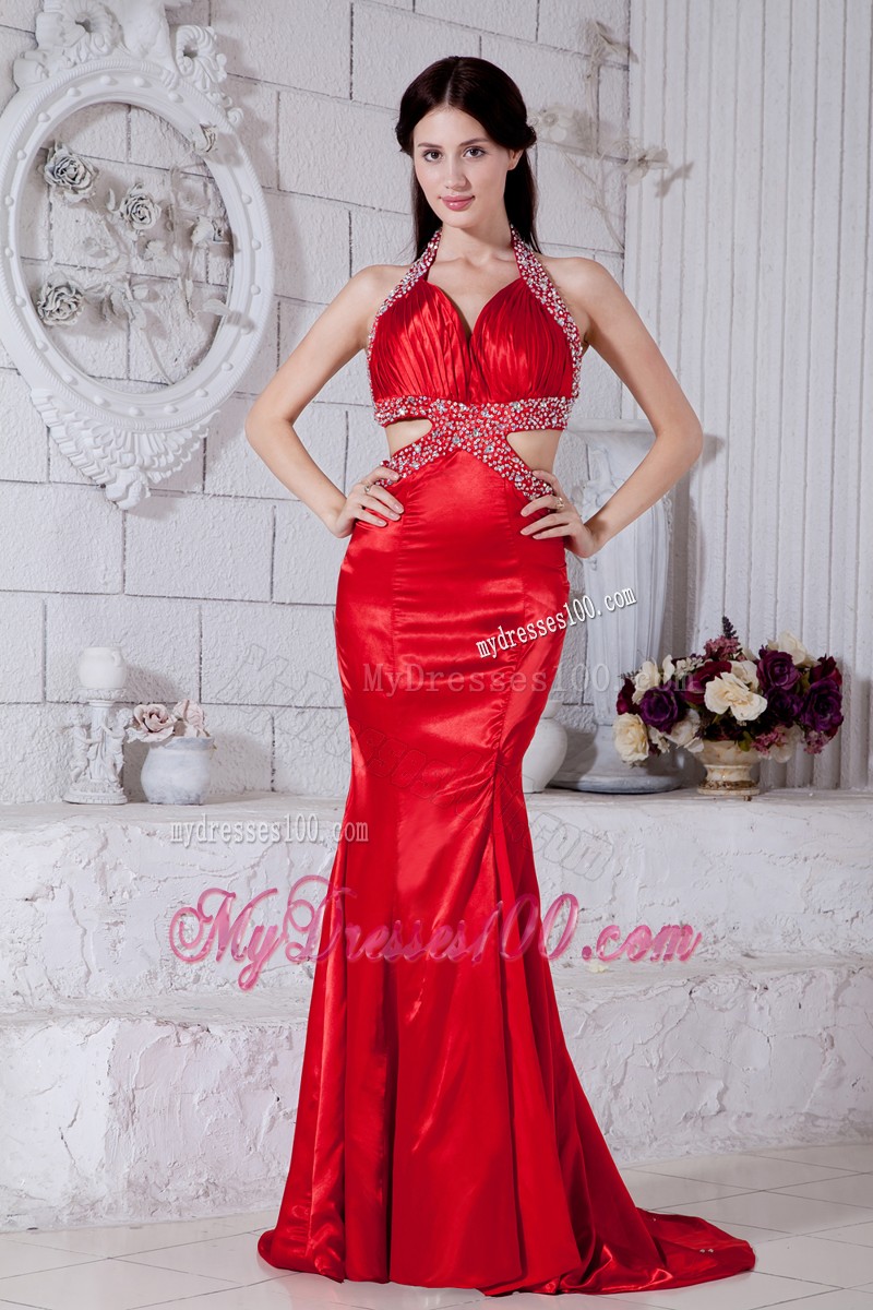 Red Halter Mermaid Brush Train Prom Evening Dress Wit Cutouts On Sides