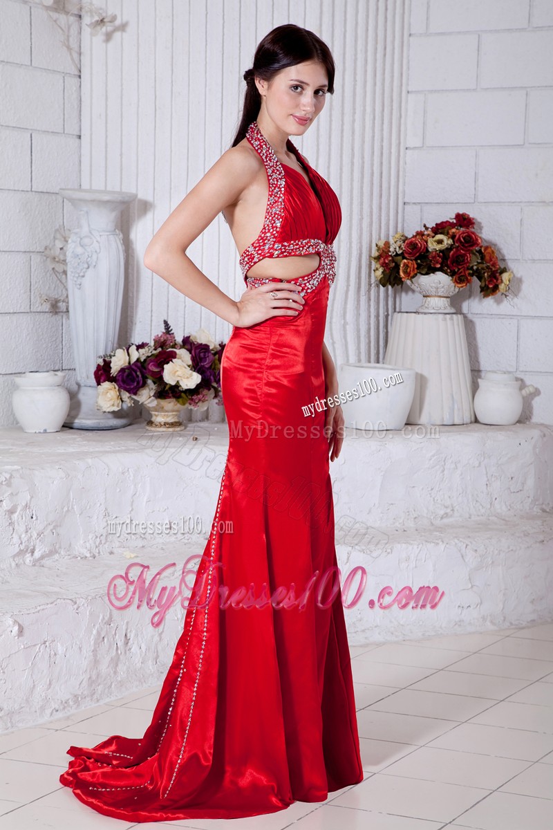 Red Halter Mermaid Brush Train Prom Evening Dress Wit Cutouts On Sides