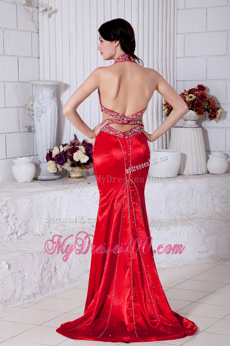Red Halter Mermaid Brush Train Prom Evening Dress Wit Cutouts On Sides