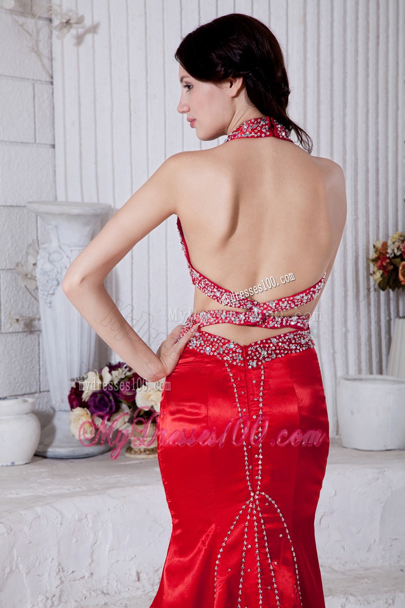 Red Halter Mermaid Brush Train Prom Evening Dress Wit Cutouts On Sides