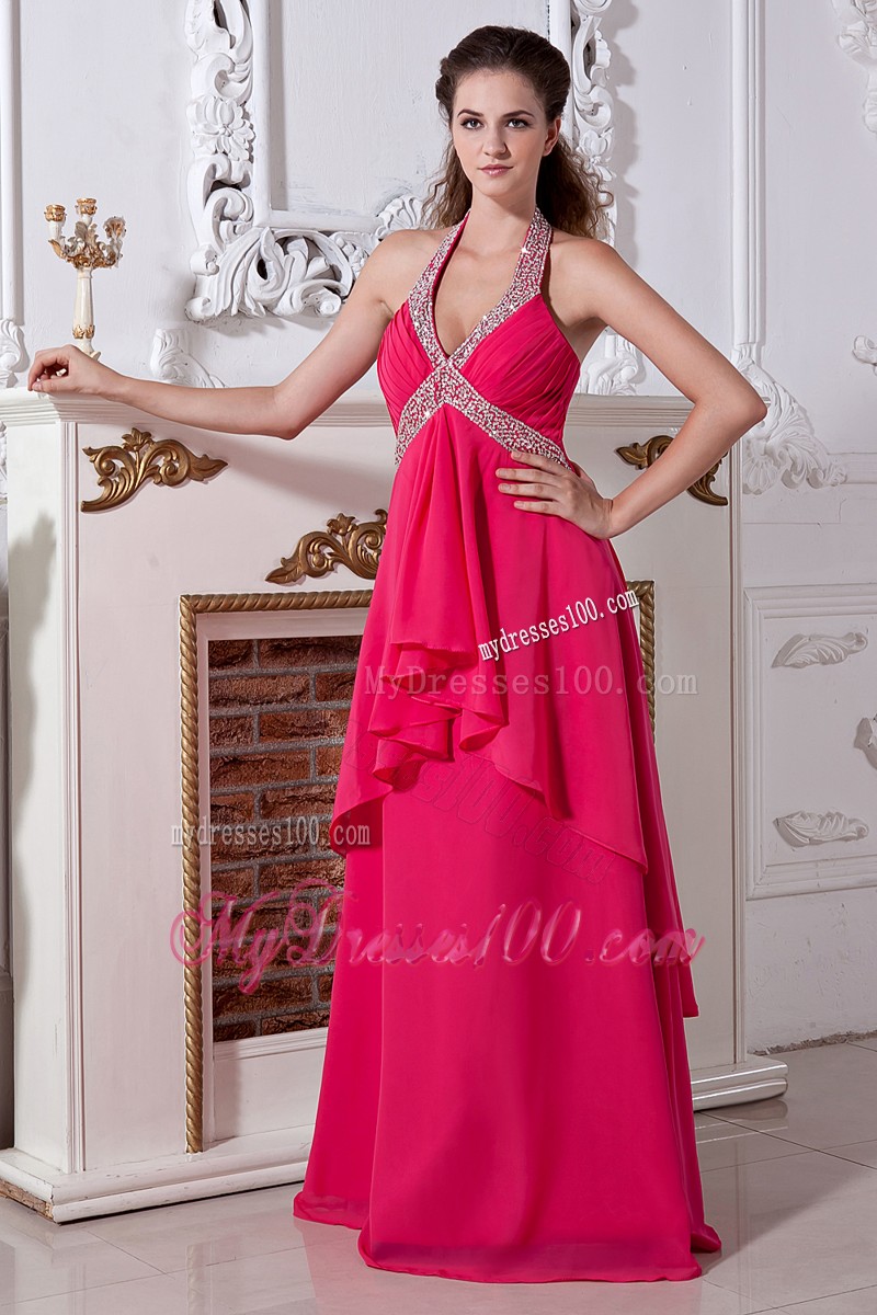 Elegant Halter Top Ruffle Beaded Red Prom Evening Dresses Floor Length