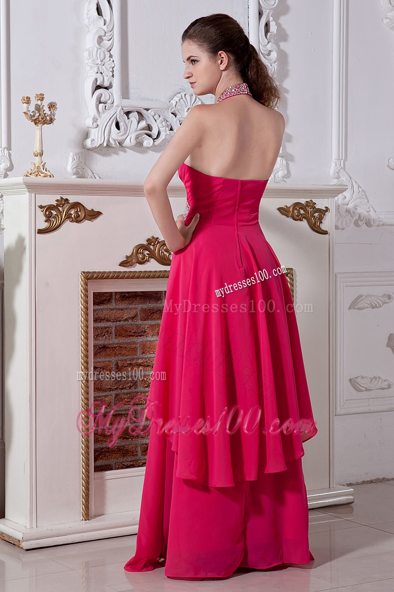 Elegant Halter Top Ruffle Beaded Red Prom Evening Dresses Floor Length