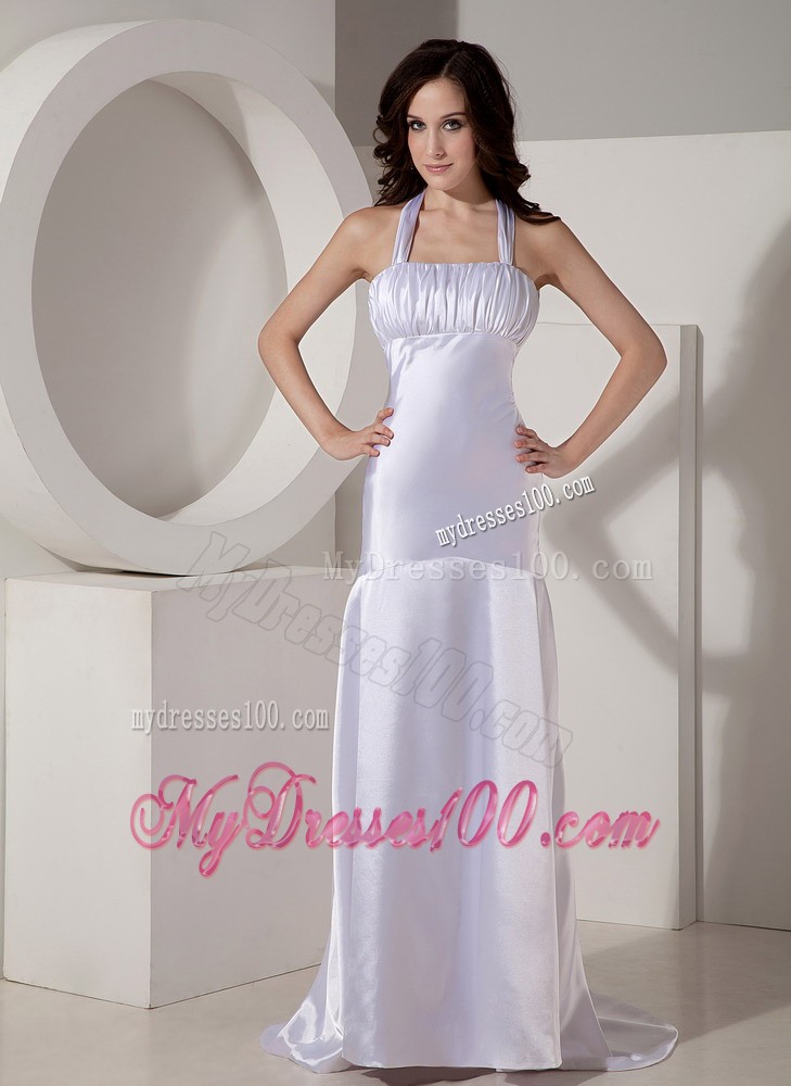 Modest Ruched Bodice Watteau Train Prom Evening Dresses with Hater Top in White