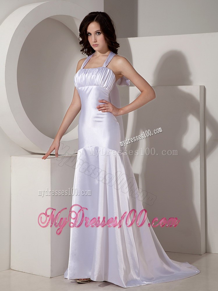 Modest Ruched Bodice Watteau Train Prom Evening Dresses with Hater Top in White