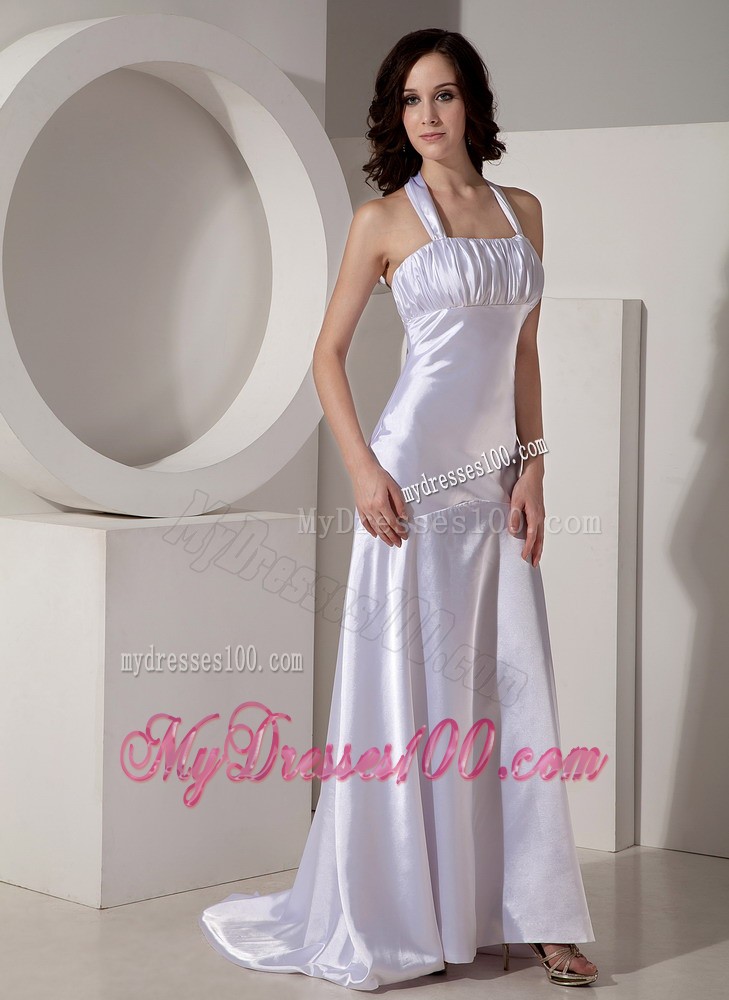 Modest Ruched Bodice Watteau Train Prom Evening Dresses with Hater Top in White
