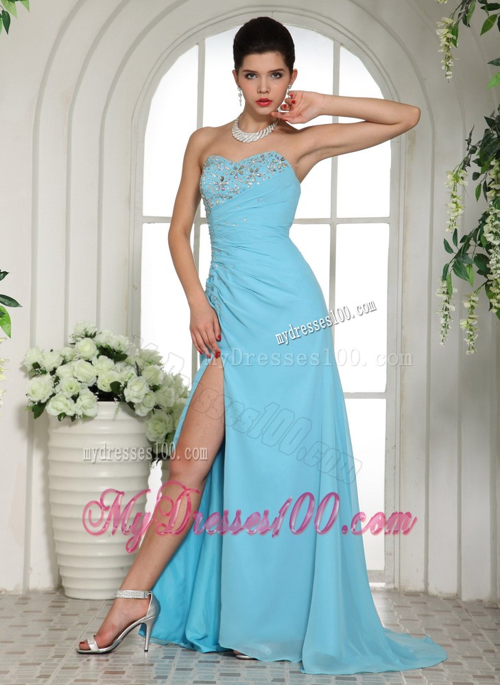 Strapless Aqua Blue Beaded Sweetheart Prom Gown Dress with High Slit