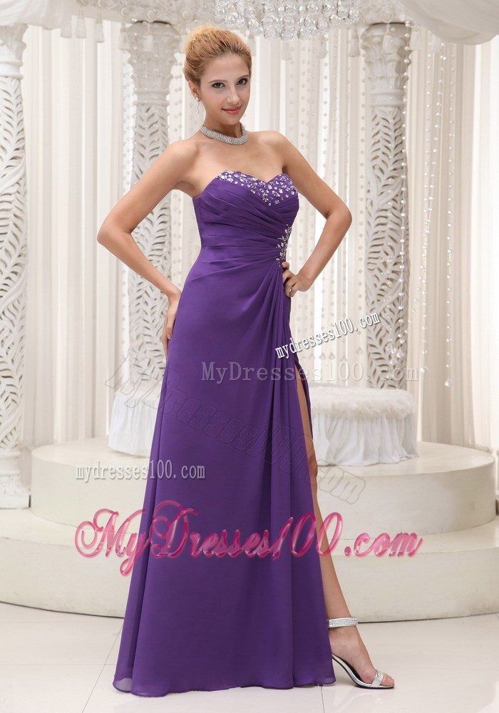Sweetheart High Slit for Beading Decorated Purple Chiffon Prom Dresses