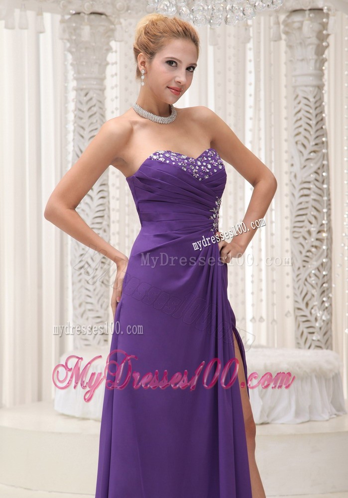 Sweetheart High Slit for Beading Decorated Purple Chiffon Prom Dresses