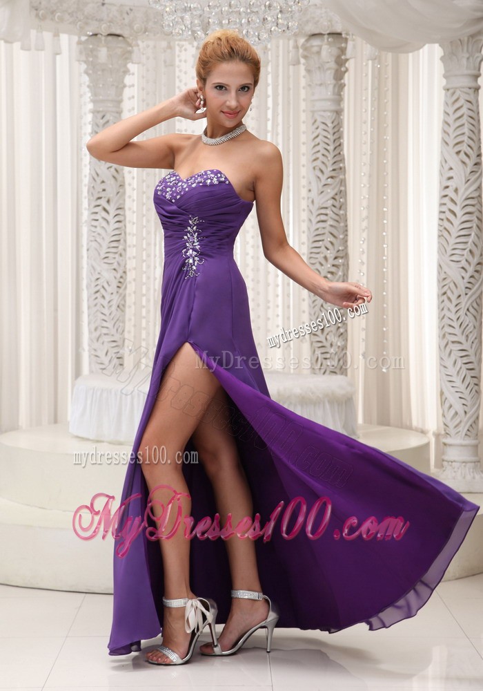 Sweetheart High Slit for Beading Decorated Purple Chiffon Prom Dresses