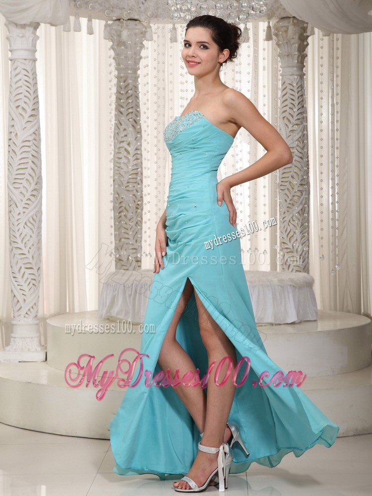 Light Blue Beaded Sweetheart Ruched Bodice Prom Gown with High Slit