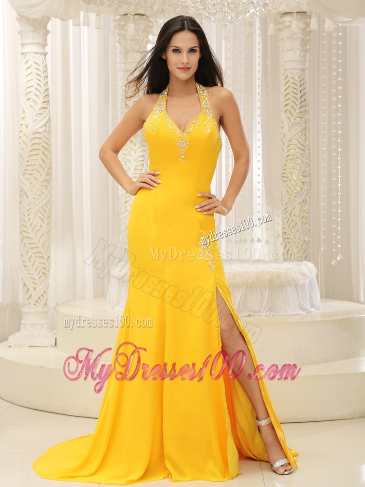 High Slit Halter Top Brush Train Beaded Prom Evening Dress with Straps in Yellow