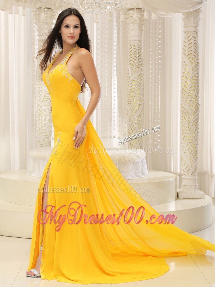 High Slit Halter Top Brush Train Beaded Prom Evening Dress with Straps in Yellow