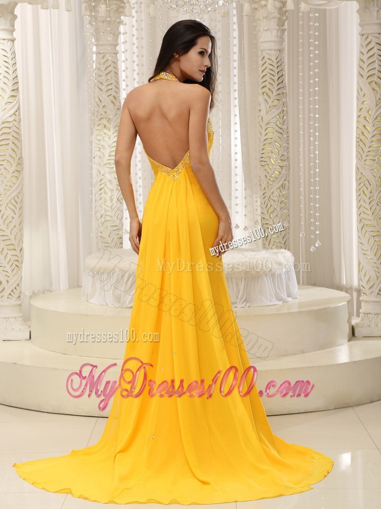 High Slit Halter Top Brush Train Beaded Prom Evening Dress with Straps in Yellow