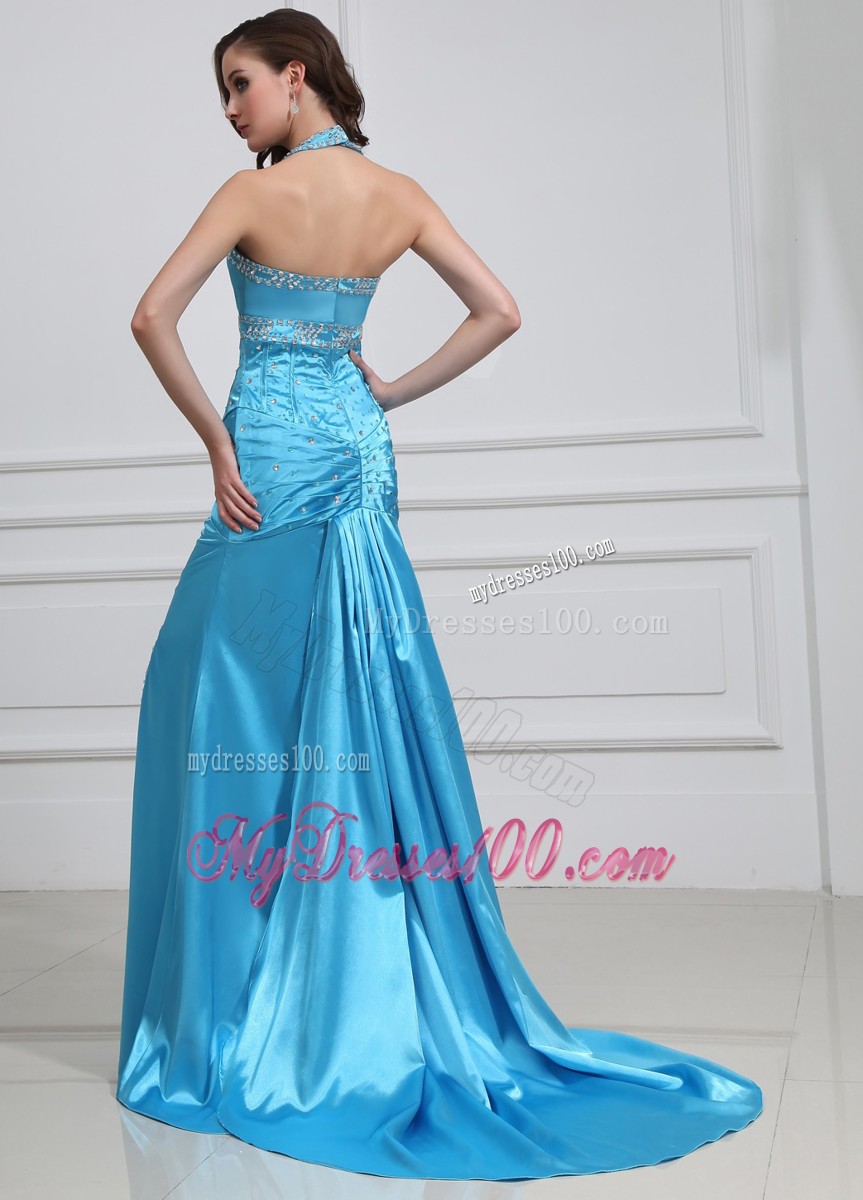 Halter Top Sweep Train Elastic Woven Satin Prom Dress in Blue