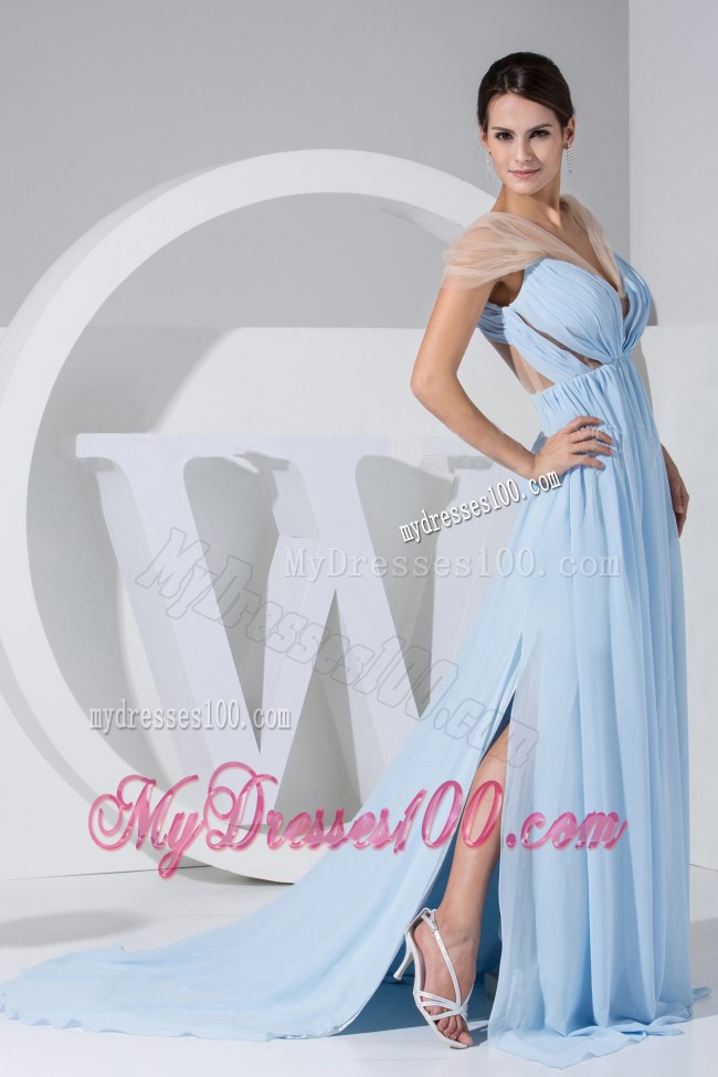Light Blue Chiffon Sweep Train Ruched Prom Dress for Cheap