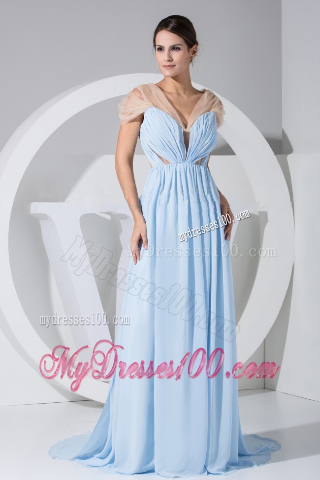Light Blue Chiffon Sweep Train Ruched Prom Dress for Cheap