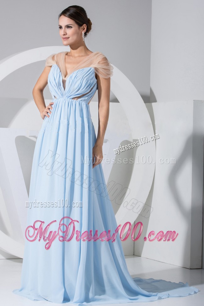 Light Blue Chiffon Sweep Train Ruched Prom Dress for Cheap