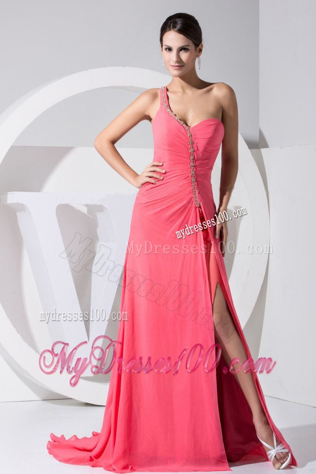 Rose Pink One Shoulder with Beadings Empire Sweep Train Prom Dress