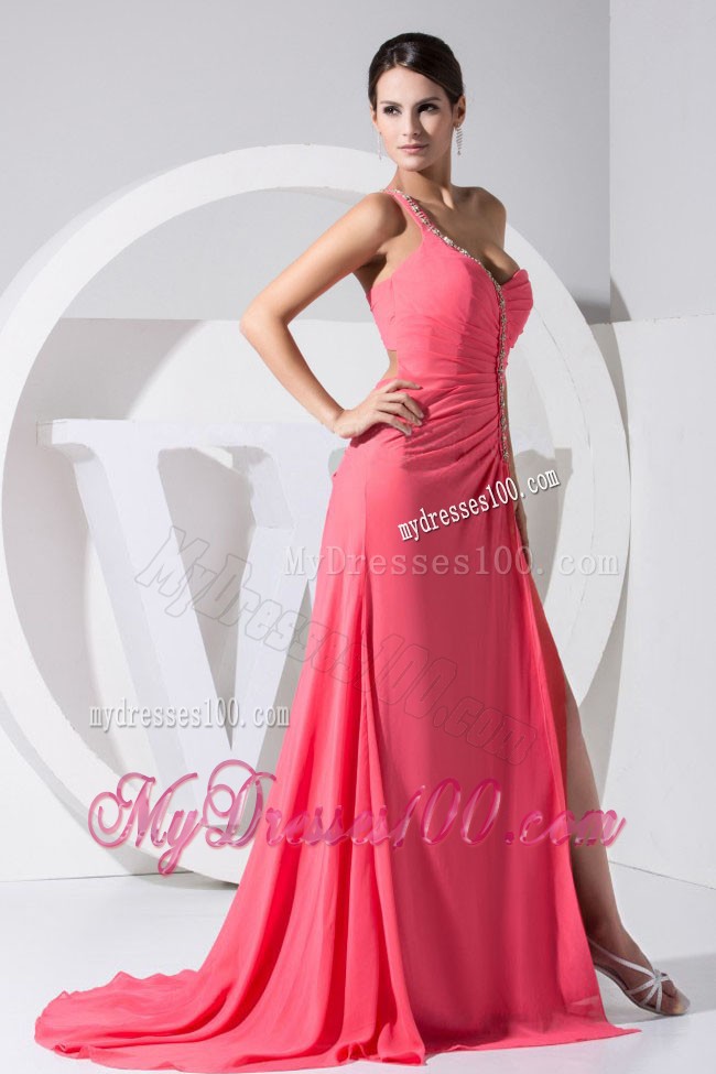 Rose Pink One Shoulder with Beadings Empire Sweep Train Prom Dress