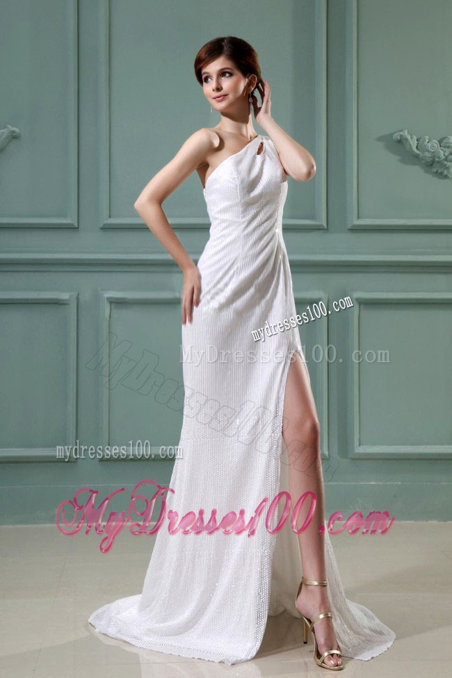 Wonderful One Shoulder Brush Train High Slit Chiffon Prom Dress